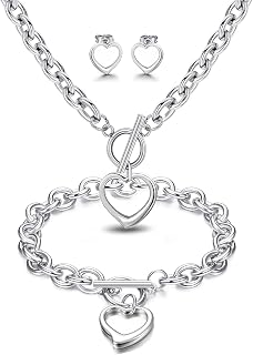 Heart Jewelry Set for Women Stainless Steel Heart Pendant Necklace Heart Stud Earrings Heart Love Charm Bracelet Silver Chunky Link Chain Heart Toggle Necklace Set