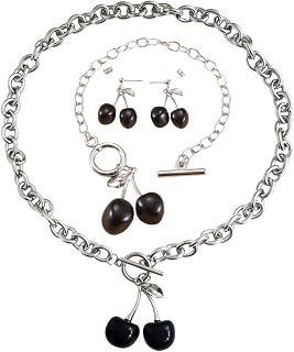 Punk Cherry Fruits Pendant Jewelry Set Gothic Silver Chain 3D Cherry Pendant Necklace Earrings Bracelet Toggle Clasps Punk Jewelry for Women