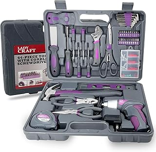 44PCS 4V Cordless Screwdriver Tool Kit Set Pink Color Tools Lady Tools Kit Home Repair Set Toolbox Hand Tool Kit Storage Case Gift Set LADYCRAFT