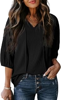 Women Blouses Dressy Casual Embroidered 3/4 Length Sleeve Womens Tops Tassel Tie V Neck Waffle Knit Shirts
