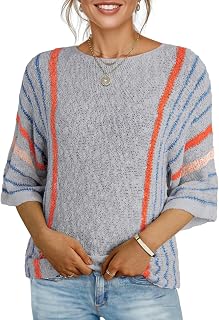Womens 2026 Spring Summer Casual Crewneck 3/4 Sleeve Striped Lightweight Knit Trendy Boho Tops Pullover Sweaters