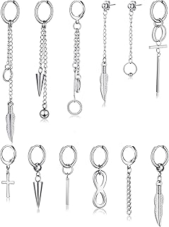 12 Pieces Hoop Dangle Earrings for Men Hinged Hoop Earrings Long Chain Stainless Steel Dangle