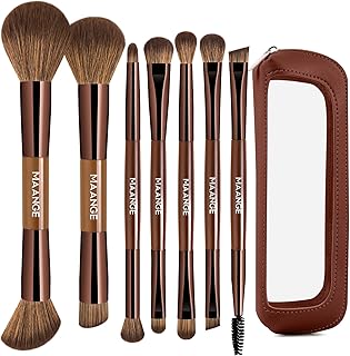 MAANGE 7 PCS Foundation Makeup Brush Set With Bag, Make up Brushes, Eyeshadow Concealer Brush, Double-ended Foundation Contour Powder Blush, Professional Face brush Set Tools For Liquid,Cream (Brown)