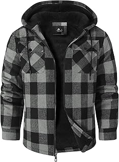 Men's Flannel Hooded Jacket Fleece Sherpa Lined Plaid Shirts Jackets Zip Up Sweatshirt Hoodies for Men with 4 Pockets