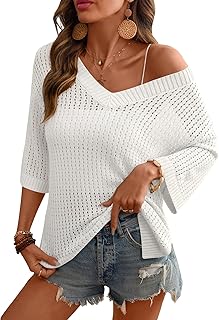 Women's Crochet V Neck Beach Cover Up 3/4 Sleeve Hollow Out Knitted Pullover Sweater