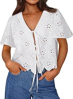 Womens Summer Tops Cotton Tie Front Blouses