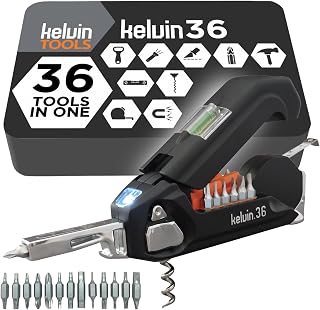 Kelvin Tools - Kelvin 36 Urban Multi Tool Screwdriver Set - All in One Hand Tool With 26 Interchangeable Bits, Tape Measure, Liquid Level, Hammer, Flashlight, Corkscrew and Magnetic Tip