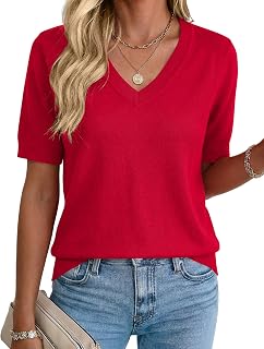 Womens Short Sleeve Sweater Summer V Neck Tops Casual Knit Shirts Lightweight Pullover Top