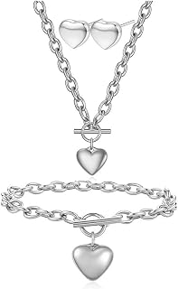 3 Sets Heart Pendant Necklace Toggle Chain Heart Bracelet Heart Stud Earrings Elegant Charm Stainless Steel Love Heart Valentines Day Jewelry Set for Women