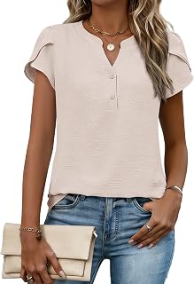 Womens Tops Dressy Casual Textured Blouses Cap Short Sleeve Shirts V Neck Button Up Summer Spring Work Tshirt Clothes