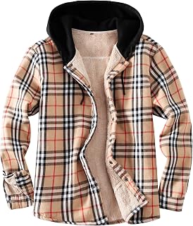 Men's Cotton Plaid Long Sleeve Shirts Jacket Fleece Lined Flannel Shirts Sherpa Button Down Coat with Hood