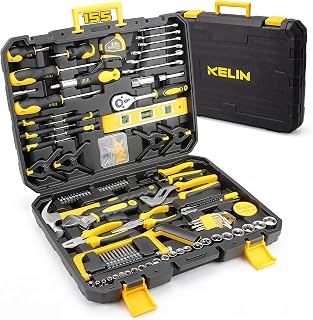 KELIN 155-Piece Household Hand Tool Set with Toolbox, Portable Home Repair Tool Kit for Garage, Car, DIY – Includes Ratcheting Screwdriver, Sockets, Pliers, Hammer, Level, Tape Measure & More