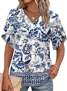 Womens Summer Tops Short Petal Sleeve Shirts Fashion V Neck Womens Clothing