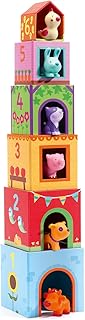 DJECO - Topanifarm Blocks - Build a Farm, Wooden Blocks & Animal Toys - Sorting & Stacking - Enhances Fine Motor Skills - Durable Playtime - Cute Design - Preschool Kids 18+ Months