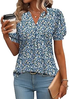 Womens Tops Puff Short Sleeve Shirts Dressy Casual Henley V-Neck Summer Tops Pleated T-Shirts Loose Fit Tunic Blouses