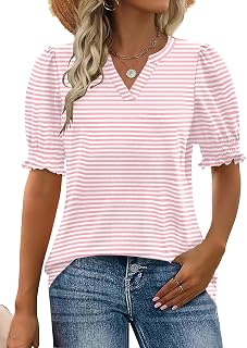 Women's Puff Short Sleeve T Shirts V Neck Summer Tops Casual Fashion Blouses