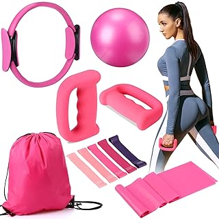 Poen 10 Pcs Pilates Ring Set Include 2.2lb *2 Dumbbells 10" Yoga Exercise Ball 12" Pilates Ring 5-40lb Resistance Bands Elastic Band and Drawstring Backpack Set for Women Home Workouts