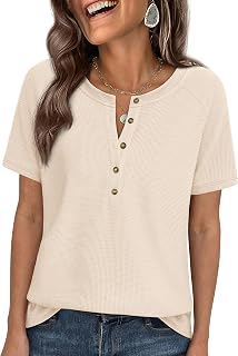 Waffle Knit Tops for Women Short Sleeve Henley Shirts 2026 Summer Blouses Dressy Casual Spring Fashion Clothes