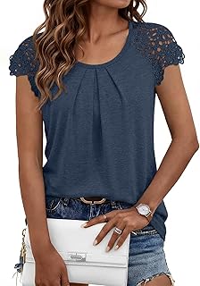 Womens Lace Tops Pleated Short Sleeve Shirts Summer Business Casual Dressy Blouses