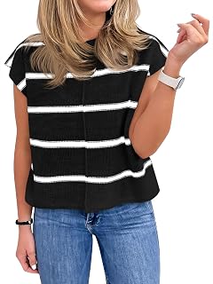 Womens Cap Sleeve Tank Tops Striped Crew Neck Casual Loose Fit Spring Summer Pullover Knit Sweater Vest