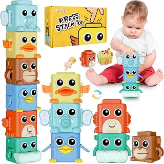 Stacking Toys Set for Toddlers 18+ Months, 6 in 1 Infant Sensory Toys with Changing Expressions, Pressable Animal Stacking Blocks, Christmas Birthday Gifts for 1 2 3 4 Years Old Baby Boys Girls
