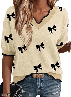 Women's Casual V Neck Short Sleeve Sweater Ribbed Knit Lightweight Sweaters Tops Fashion Clothing Outfits