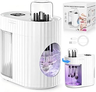 Electric Makeup Brush Cleaner Machine, Automatic Cleaning Fast Drying | 3-IN-1 1200RPM High-speed Spinning, Adjustable Timer, LED Display, 7 Slots for All Brush Sizes, USB Powered, Pure White