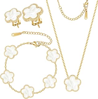 Clover Jewelry Set 3 PC - 18K Gold Plated Stainless Steel Y Necklace Four Leaf Pendant, Clover Link Bracelet Charm, Flower Earrings, Hypoallergenic Non-Tarnish,Simple Luxury Lucky Gifts for Women