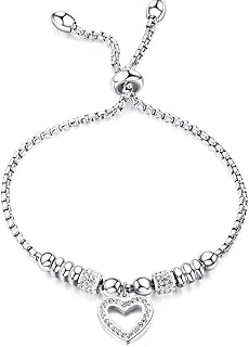 Jewelers Stainless Steel Heart Charm Adjustable Size Beaded Strand Style Wedding Statement Holiday Bracelet