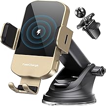 Wireless Car Charger, 15W Fast Charging Auto Clamping Car Charger Phone Mount Phone Holder fit for iPhone 15 14 13 12 11 Pro Max Xs, Samsung Galaxy S24 Ultra S23 S22 S21, S20, S10+, Golden