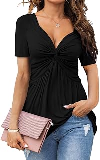 Womens Front Knotted V-Neck Blouse T Shirt Short Sleeve Oversized Tunic Tops Summer Solid Pullover Tees