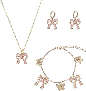 3 Pcs Pink Bow Jewelry Set Bow Necklace Earrings Bracelet for Women Cute Bow Stuff Coquette Pink Pendant Accessories Gold Plated Stainless Steel Valentines Day Gifts