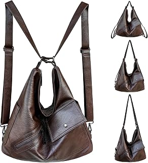 4-in-1 Convertible Crossbody Backpack Purse for Women, Very Large Casual Vegan Leather Tote Hobo Laptop Bag for Leisure Work Travel & Mommy (PU Brown)