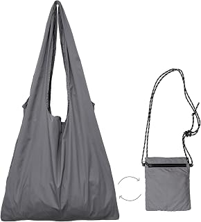 2-in-1 Foldable Reusable Shopping Tote Bag for Nano Style, Packable Crossbody Grocery Bag with Phone Pouch, Lightweight Nylon Travel Bag, Grey