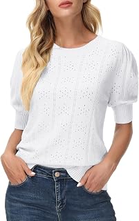 Summer Puff Short Sleeve Tops for Women 2026 Cute Crew Neck Crochet Blouse Dressy Casual Thin Pullover Sweater