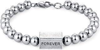Stainless Steel Beaded Bracelet, Silver Color Polished Stainless Steel Ball Chain with Matte Finished Forever Cuboid Charm and Lobster Clasp, Chic and Stylish, Unisex