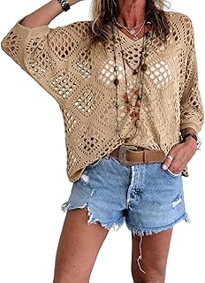 Bohemian Crochet Tops for Women 3/4 Sleeve V-Neck Open Knit Pullover Beach Cover Ups Hollow Out Boho Vacation Blouse