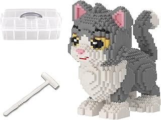 Cat Building Blocks with Organizer Bins | Grey | Micro 3D Animal Building Blocks | 3000PCS | Gift for Adults and Kids | Home & Office Decor | RQ8888