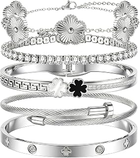 Silver Bangle Bracelets for Women - Stainless Steel Stackable Bangles Non-Tarnish Clover Lucky Charm Bracelets, Trendy Gift for Girlfriend/Wife on Christmas Valentine’s Birthday