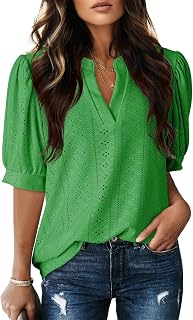Womens Summer Business Casual Blouses V Neck Short Sleeve Shirts Eyelet Cute Lace Tops