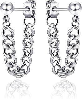Punk Stainless Steel Chain Earrings for Women's Hypoallergenic Hinged Huggie Dangle Earrings Silver/Black Long Chain Earrings Piercing Jewelry Gift (Silver)
