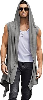 Men's Long Hooded Cardigan Sleeveless Ruffle Shawl Collar Lightweight Open Front Drape Kimono Vest