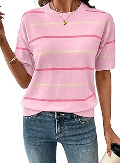 Womens Tops Crewneck Short Sleeve Sweater Pullover Knit Striped Shirt Blouses Fall Outfits for Women 2026