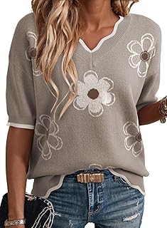 Women's Casual V Neck Short Sleeve Sweater Ribbed Knit Lightweight Sweaters Tops Fashion Clothing Outfits