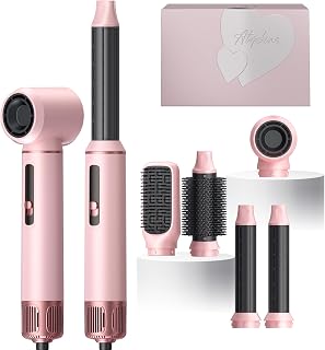 Atopskins 5 in 1 Blow Dryer Brush Set, 1000W Hot Air Styler with Auto-Wrap Curler & LED Temp Display, Negative Ion Hair Dryer Brush for Straightening, Volumizing & Curling - Pink