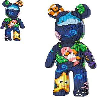 Teddy Blocks Bear Micro Building Blocks Set with Hidden Storage Drawer(16.9inches),Blue Ocean Graffiti Bear Building Blocks Creative Gift, Home Office Decor for Kids Adults 8+