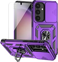 for Samsung Galaxy S25 Case with Camera Lens Cover HD Screen Protector, Dual Layer Military-Grade Drop Tested Magnetic Ring Holder Kickstand Protective Phone Case for Samsung Galaxy S25 (Purple)