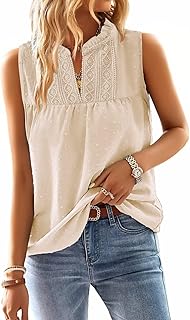 Womens Summer Tops V Neck Blouses for Women Boho Clothing Dressy Casual Flowy Lace Sleeveless Shirts Tanktops