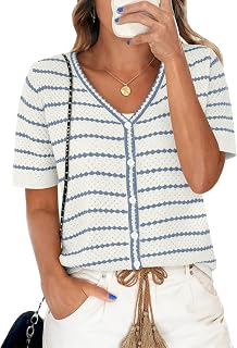 Crochet Tops for Women V Neck Short Sleeve Striped Sweater Summer Button Shirts Knit Casual Blouses
