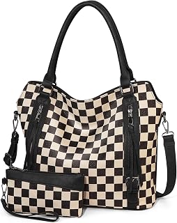 Large Hobo Bags for Women Checkered Leather Shoulder Tote Bag Ladies Crossbody Handbag with a Wristless Purses